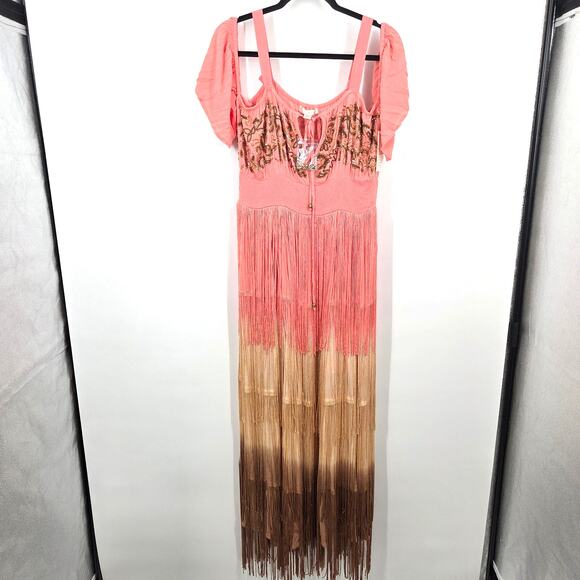NEW Boston Proper SZ M Pink Fringe Boho Party Cocktail Maxi Off Shoulder Dress - Picture 1 of 6